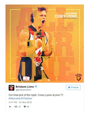 Brisbane Lyons tweet about their draft pick Corey Lyons