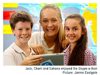 Jack, Charli and Sahana enjoyed the Skype-a-thon. Picture: Janine Eastgate