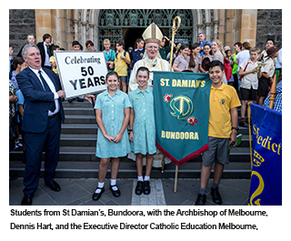 Students from St Damian's, Bundoora, with the Archbishop of Melbourne, Dennis Har, and the Executive Director of Catholic Education Melbourne, Stephen Elder.