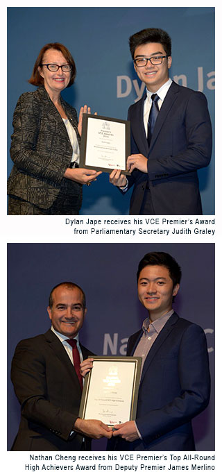 Image 1 - Dylan Jape receives his VCE Premier Award fro Parliamentary Secretary Judith Graley. Image 2  - Nathan Cheng receives his VCE Premier's Top All-Round High Achievers Award from Deputy Premier James Merlino.