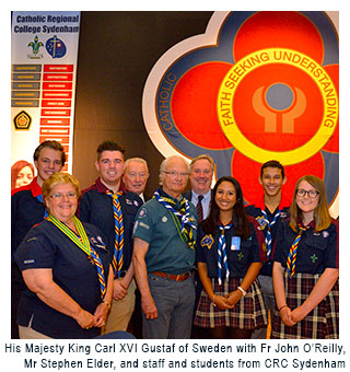 His Majesty King Carl XVI Gustaf of Sweden with Fr John O'Reilly, Mr Stephen Elder, and staff and students from CRC Sydenham.