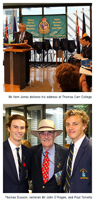Image 1 - Mr Vern Jones delivers his address at Thomas Carr College. Image 2 - Thomas Duxson, Veteran Mr John O'Regan and Paul Tomelty