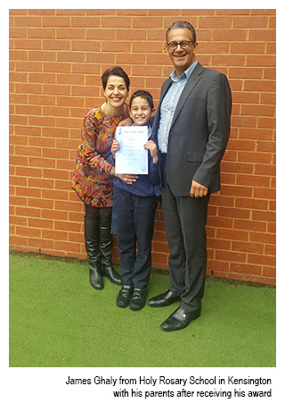 James Ghaly, student at Holy Rosary Kensington, with his parents
