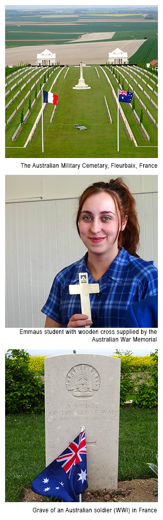 Image 1- Australian Military Cemetery in France. Image 2 - Emmaus College student with wooden cross. Image 3 - Australian soldier's headstone with an Australian flag.