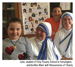 Julia, Student of Holy Rosary School in Kensington, and brother Mark with Missionairies of Chairity.