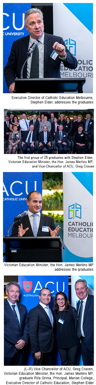 Image 1 - Stephen Elder, Addresses the graduates. Image 2  - Education Minister James Merlino, Vice Chancellor of ACU Greg Craven, Executive Director of Catholic Education Stephen Elder with graduates of the Australia First Executive Education MBA.