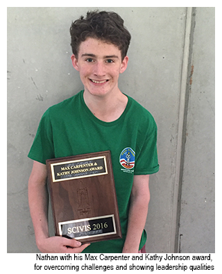 Nathan with his Max Carpenter and Kathy Johnson Award, for overcoming challenges and showing leadership qualities