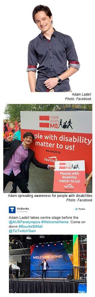 Image 1 - Adam Ladell profile photo. Image 2 - Adam Ladell at an event supporting people with disability. Image 3 - Adam Ladell performing at Bourke St Mall to welcome home Paralympians.