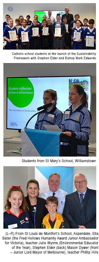 Students and Stephen Elder and Bishop Mark Edwards at the launch of the sustainability resource