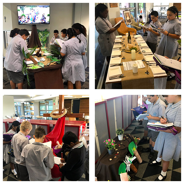 St Mary of the Cross MacKillop students exploring a Holy Week display with Palm Sunday, Last Supper, the Cross and resurrection displays