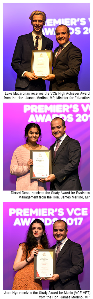 Image of Luke Macaronas, Dhruvi Desai and Jade Nye with the Premier, who were all acknowledged as VCE High Achievers.