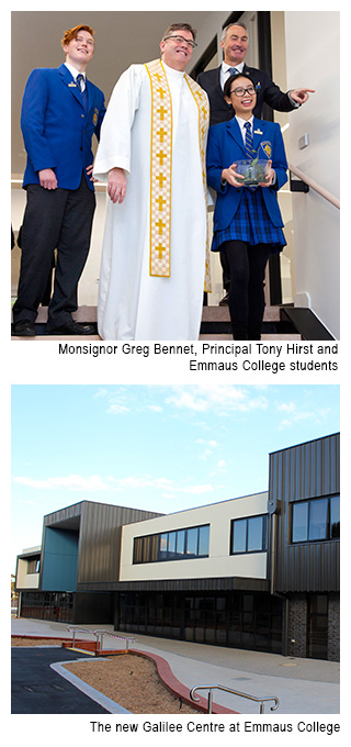 Monsignor Greg Bennett, Principal Tony Hirst and Emmaus College students at the blessing and opening of the new Galilee Centre