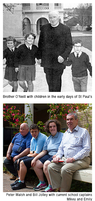 Brother O’Neill with children in the early days of St Paul’s; Peter Walsh and Bill Jolley with current school captains Mikey and Emily