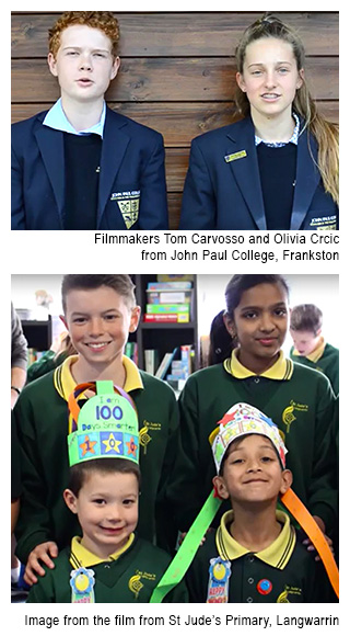 Image 1 - Filmmakers Tom Carvasso and Olivia Crcic from John Paul College, Frankston. Image 2 - Image from the film from St Jude's Primary, Langwarrin.