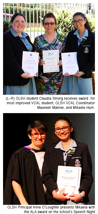 Applied Learning Award recipients from Our Lady of the Sacred Heart, Bentleigh, Claudia Strong, VCAL Coordinator, Maureen Malone, and Mikaela Hum; Mikaela receives her award from school principal Anne O'Loughlin