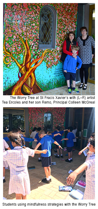 Image 1 - The Worry Tree at St Francis Xavier, Frankston. Image 2 - Students using mindfulness strategies with the Worry Tree.