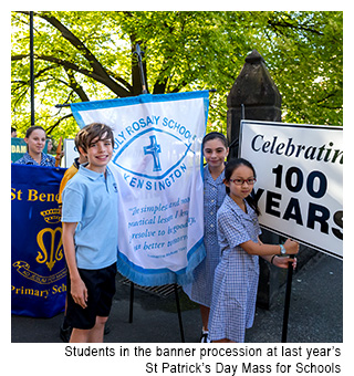 Students in the banner procession for the Mass for Schools at St Patrick's Cathedral