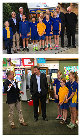 James Merlino with principal and students from Sacred Heart School, Croydon