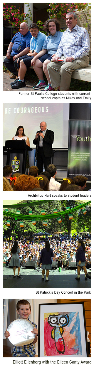 Image 1 - Two students with their colourful artwork at Catholic Education Week's Visual Arts Exhibition. Image 2 - Archbishop Hart speaks to student leaders. Image 3 - St Patricks Day Concert in the park. Image 4 - Elliot Eilenberg with the Eileen Canty Award