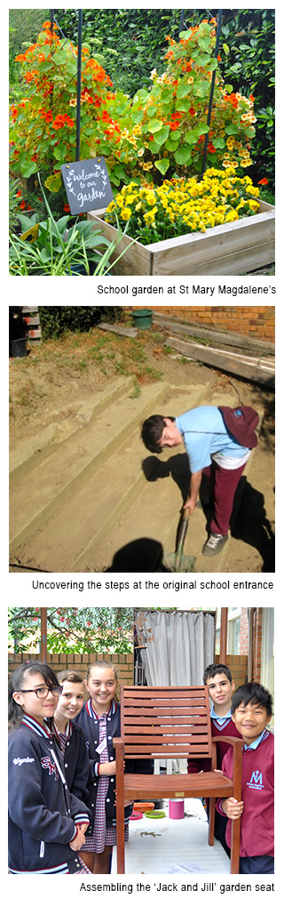 Image 1 - School garden at St Mary Magdalene's. Image 2 - Student uncovering the steps at the original entrance to the school. Image 3 - Students assembling the jack and jill chair