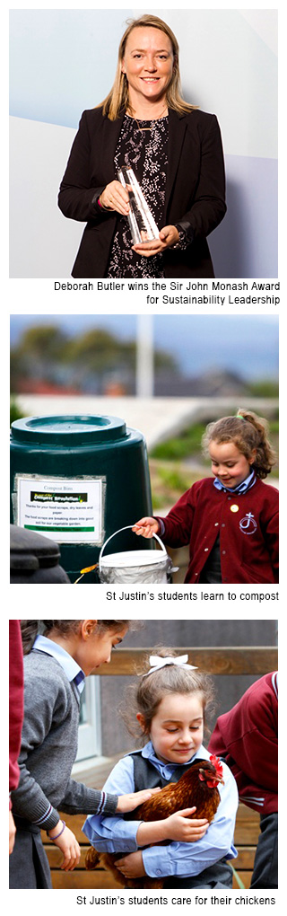 Image 1 - Deborah Butler wind the Sir john Monahs Award for Sustainability Leadership. Image 2 -  St Justin's students learn to compost. Image 3 - St Justin's students care for their chickens