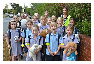 Students going to school on the walking bus