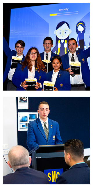 Image 1 - St Monica's VCAL students. Image 2 - David Lot giving a speech.