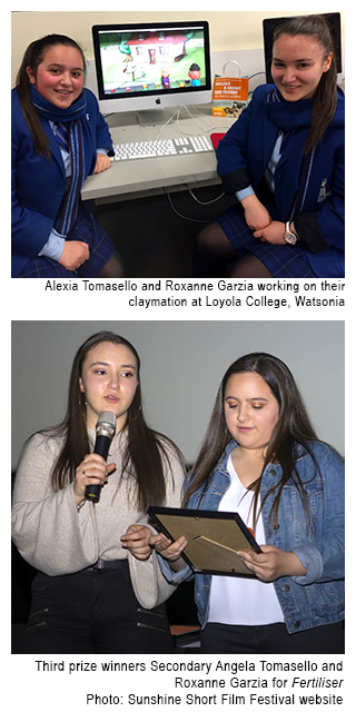 Image 1 - Alexia Tomasello and Roxanne Garzia working on their claymotion at Loyola College, Watsonia. Image 2 - Third prize winners Angela Tomasello and Roxanne Garzia  with their award for their shortfilm 'Fertiliser'. Photo: Sunshine Short Film Festival website.