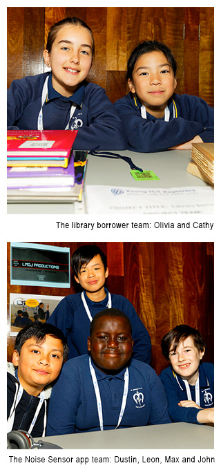 Image 1 - The library borrower team: Olivia and Cathy. Image 2 - The Noise Sensor app team: Dustin, Leon, Max and John.