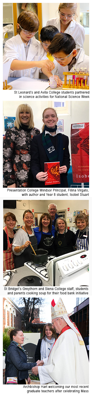 Image 1 - Students from St Leonard's and Avila College conduct a science experiment together for National Science week. (Below) Three pictures of Term 3 activities including science week, book week, cook off for a food bank, and archbishop hart welcoming graduate teachers