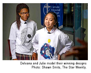 Delvana and Julie model their winning designs. Photo from: Shawn Smits, The Star Weekly