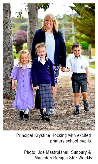 Principal Krystine Hocking with excited primary school pupils.  Photo: Joe Mastroianni, Sunbury & Macedon Ranges Star Weekly