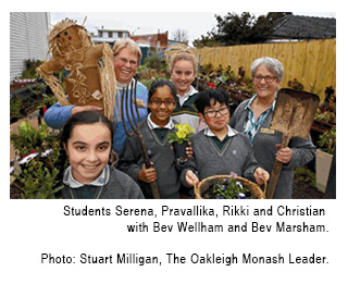 Students Serena, Pravallika, Rikki and Christian with Bev Wellham and Bev Marsham. Photo: Stuart Milligan, The Oakleigh Monash Leader.
