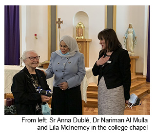From left: Sr Anna Dublé, Dr Nariman Al Mulla and Lila McInerney in the college chapel