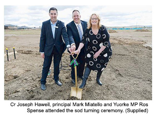 Cr Joseph Haweil, principal Mark Miatello and Yuorke MP Ros Spense attended the sod turning ceremony. (Supplied)