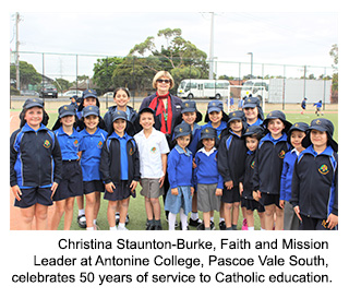 Christina Staunton-Burke, Faith and Mission Leader at Antonine College, Pascoe Vale South, celebrates 50 years of service to Catholic education.