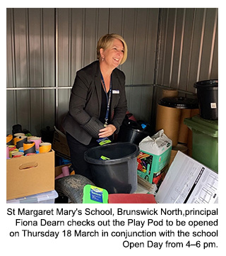 St Margaret Mary's School, Brunswick North, principal Fiona Dearn checks out the Play Pod to be opened on Thursday 18 March in conjunction with the school Open Day from 4–6 pm.