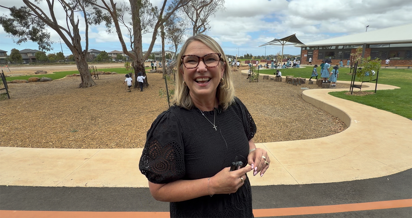 Principal Jackie Byrne outside the school