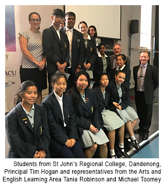 Image of students from St John's Regional College, Dandenong. Rpicipal Tim Hogan and representatives from the arts and English Learning Area, Tania Robinson and Michael Toomey.