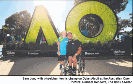 Sam Long with wheelchair tennis champion Dylan Alcott at the Australian Open. Picture: Graham Denholm, The Knox Leader