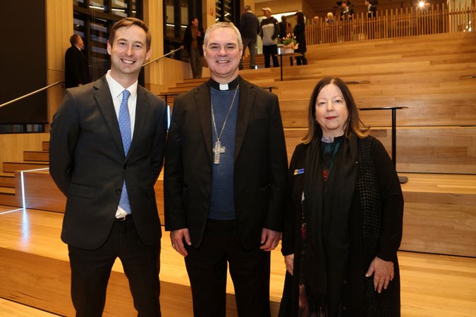 Dr Edward Simons with Archbishop Peter A Comensoli and Principal Cathy Livingston